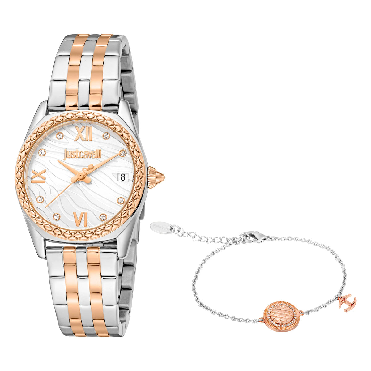 シムシメール　leopard right White gold left 希少 Just Cavalli SET Indomitable Animalier Two Tones RG Silver Watch