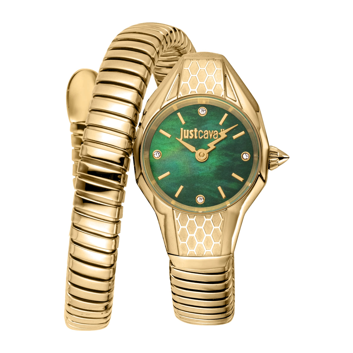 Just Cavalli Signature Snake Vivace Yellow Gold Green Watch
