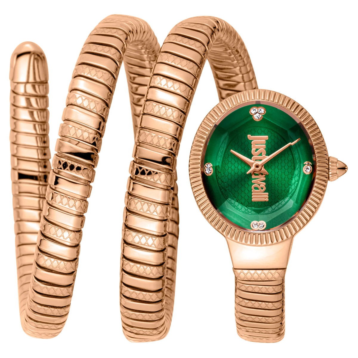 Just Cavalli Signature Snake After Party Rose Gold Green Watch 