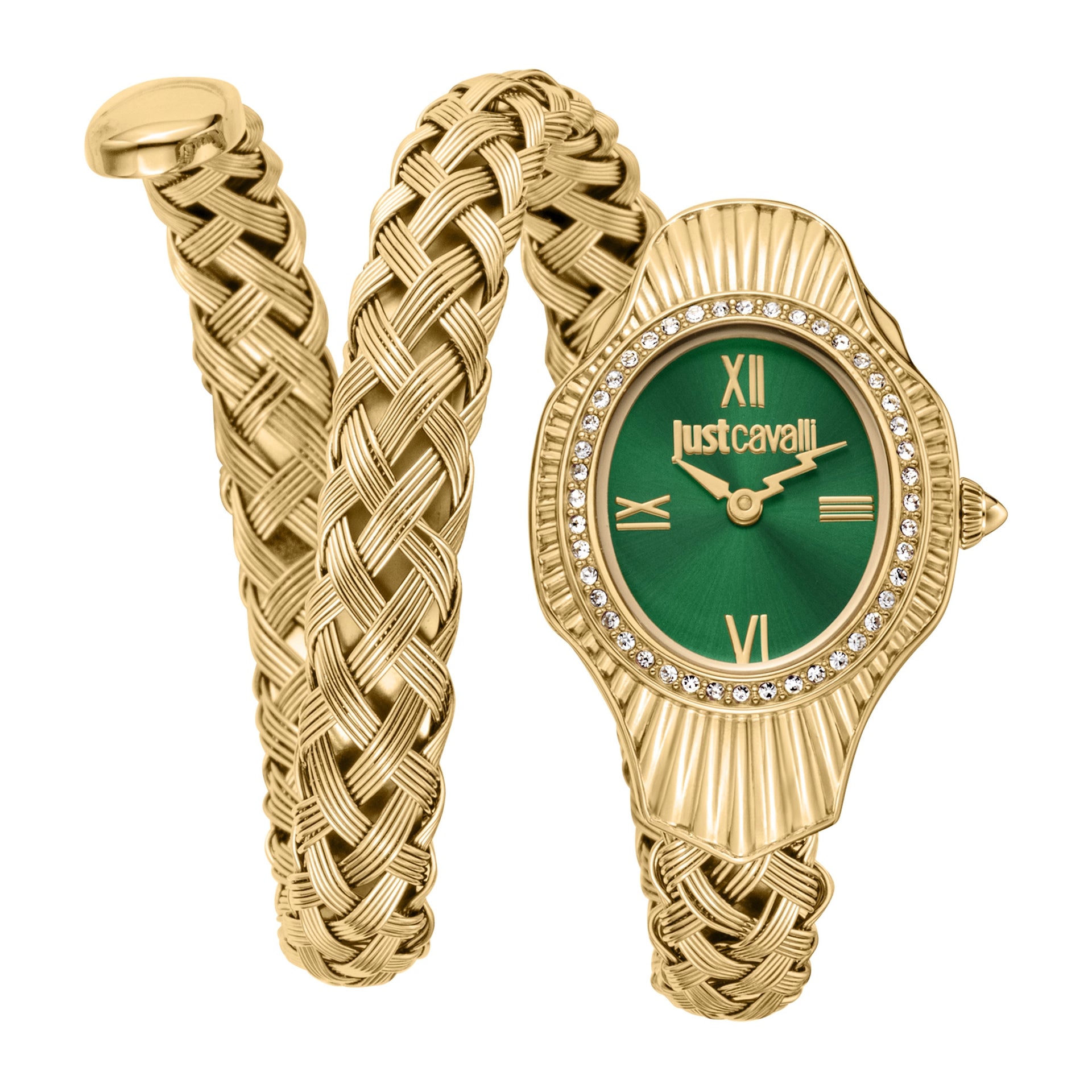Just Cavalli Signature Snake Twined Yellow Gold Green Watch