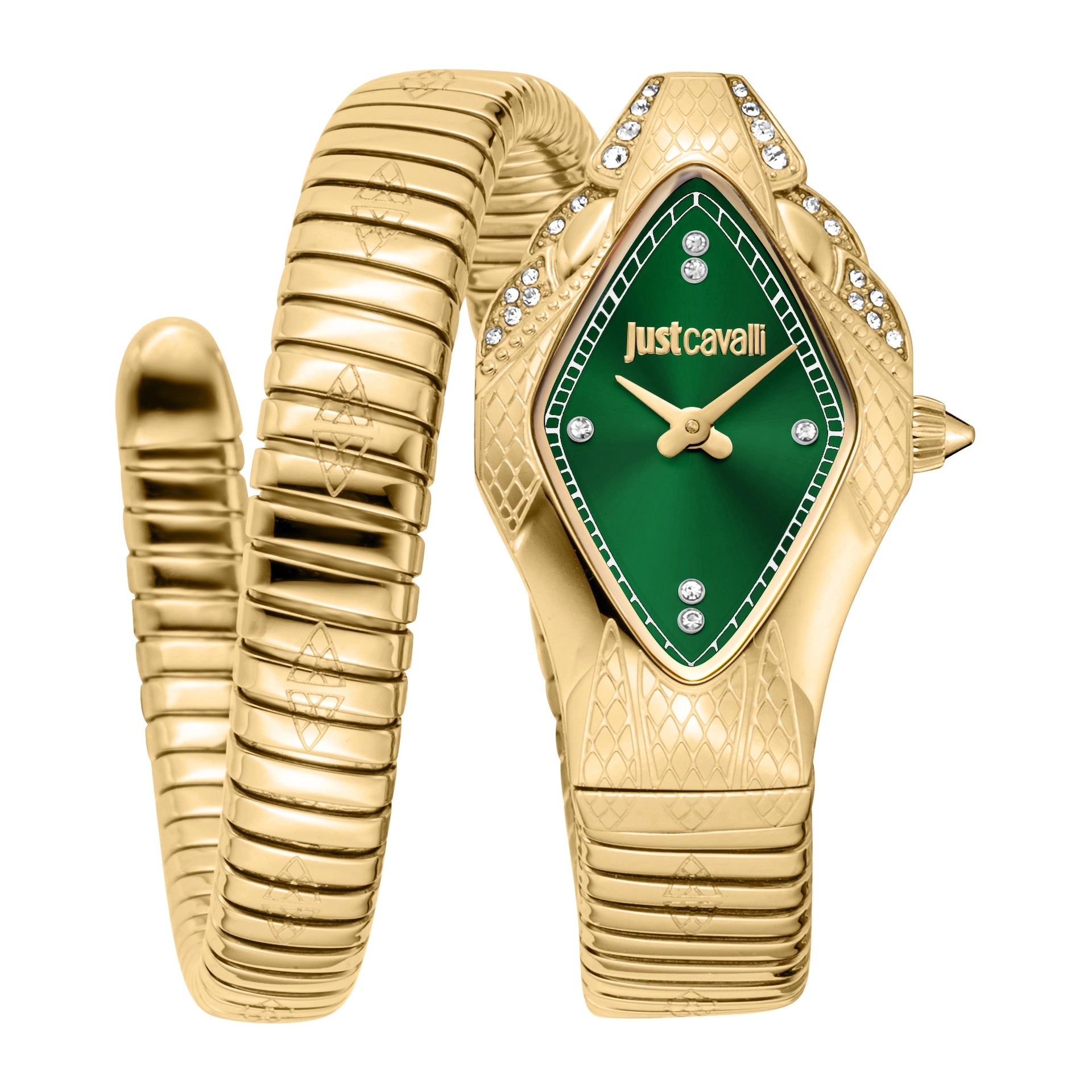 Just Cavalli Signature Snake Ferocious Yellow Gold Green Watch
