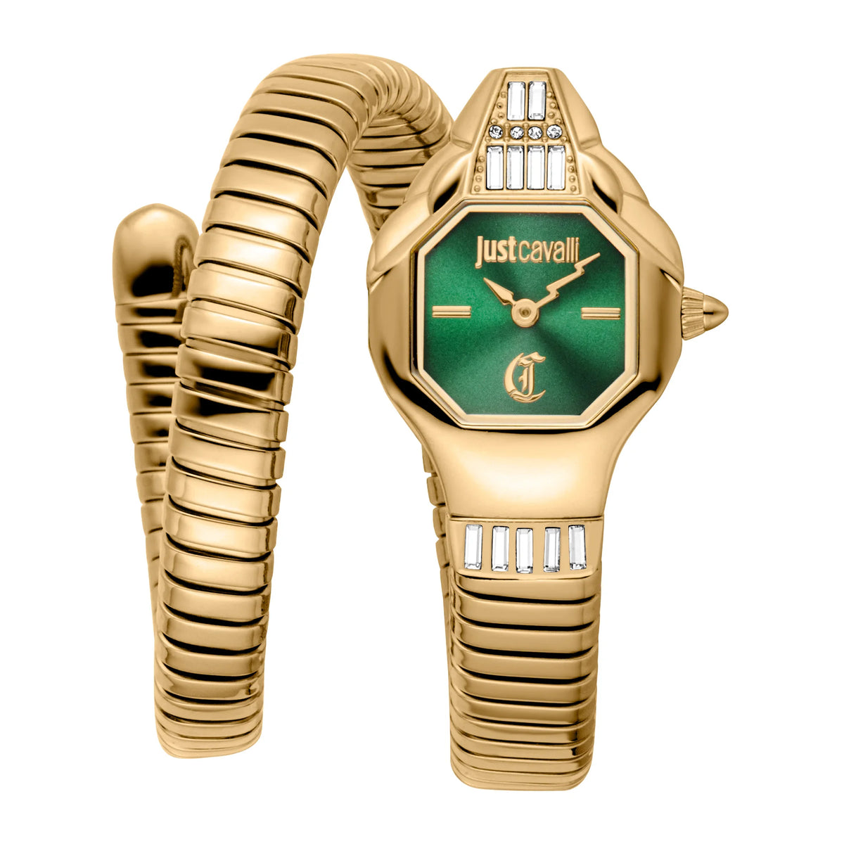 Just Cavalli Signature Snake Brillante Snake Yellow Gold Green Watch ...