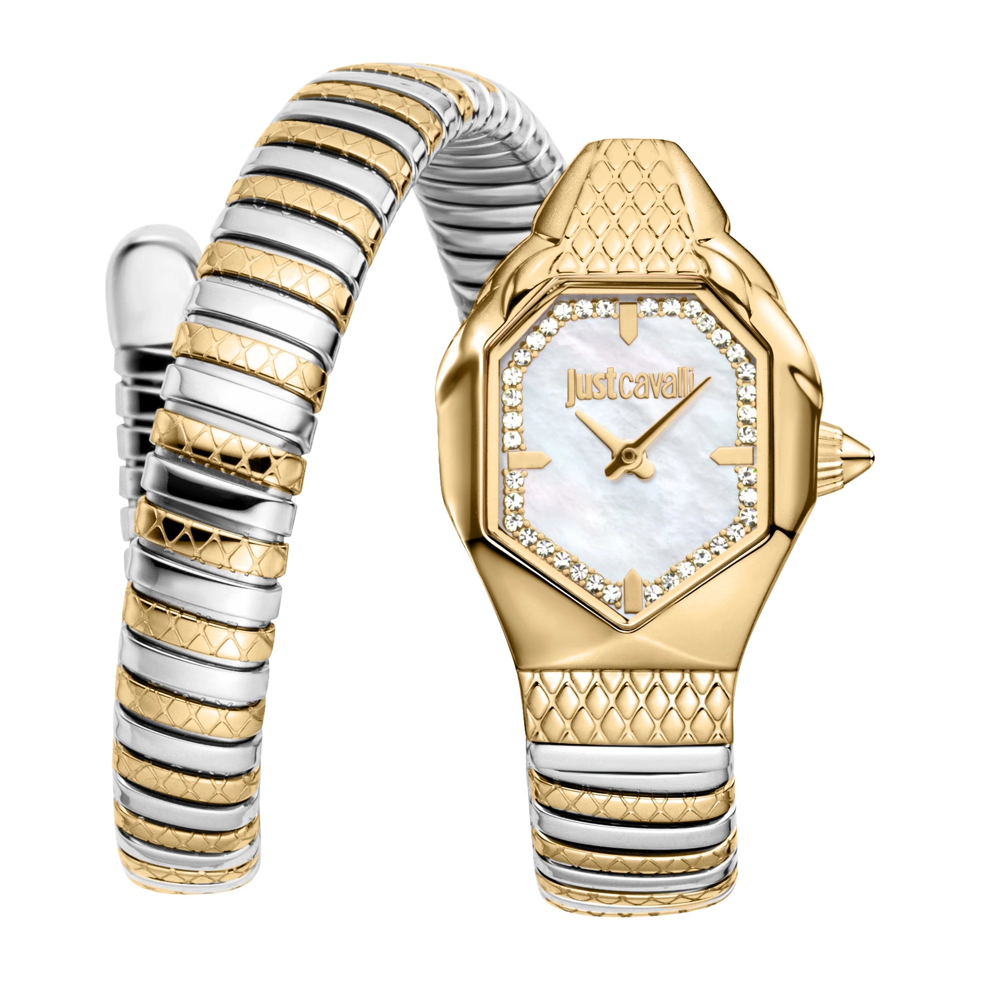 Just Cavalli Signature Snake Aria Two Tones YG Silver MOP Watch