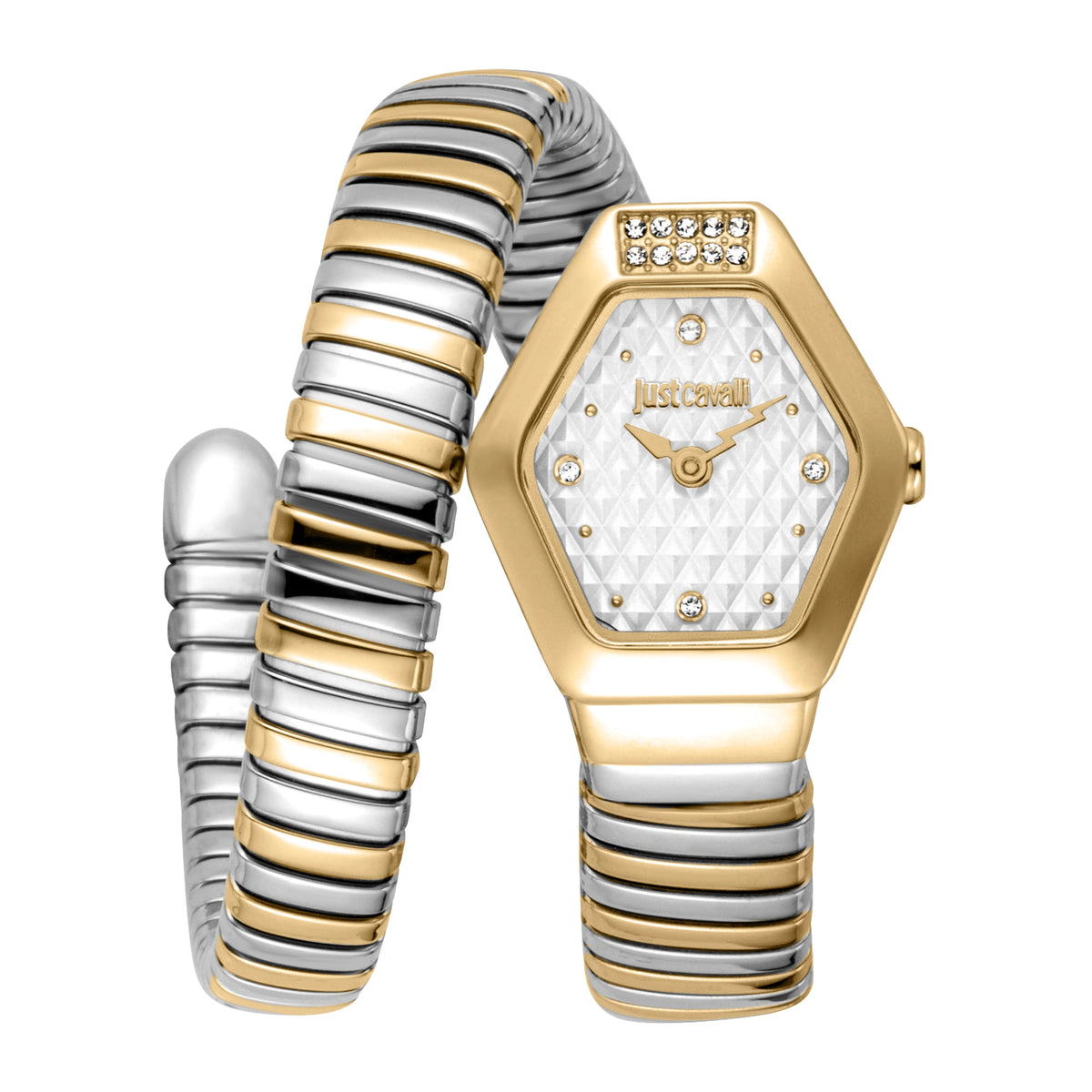 Just Cavalli Signature Snake Splora Silver Yellow Gold Watch