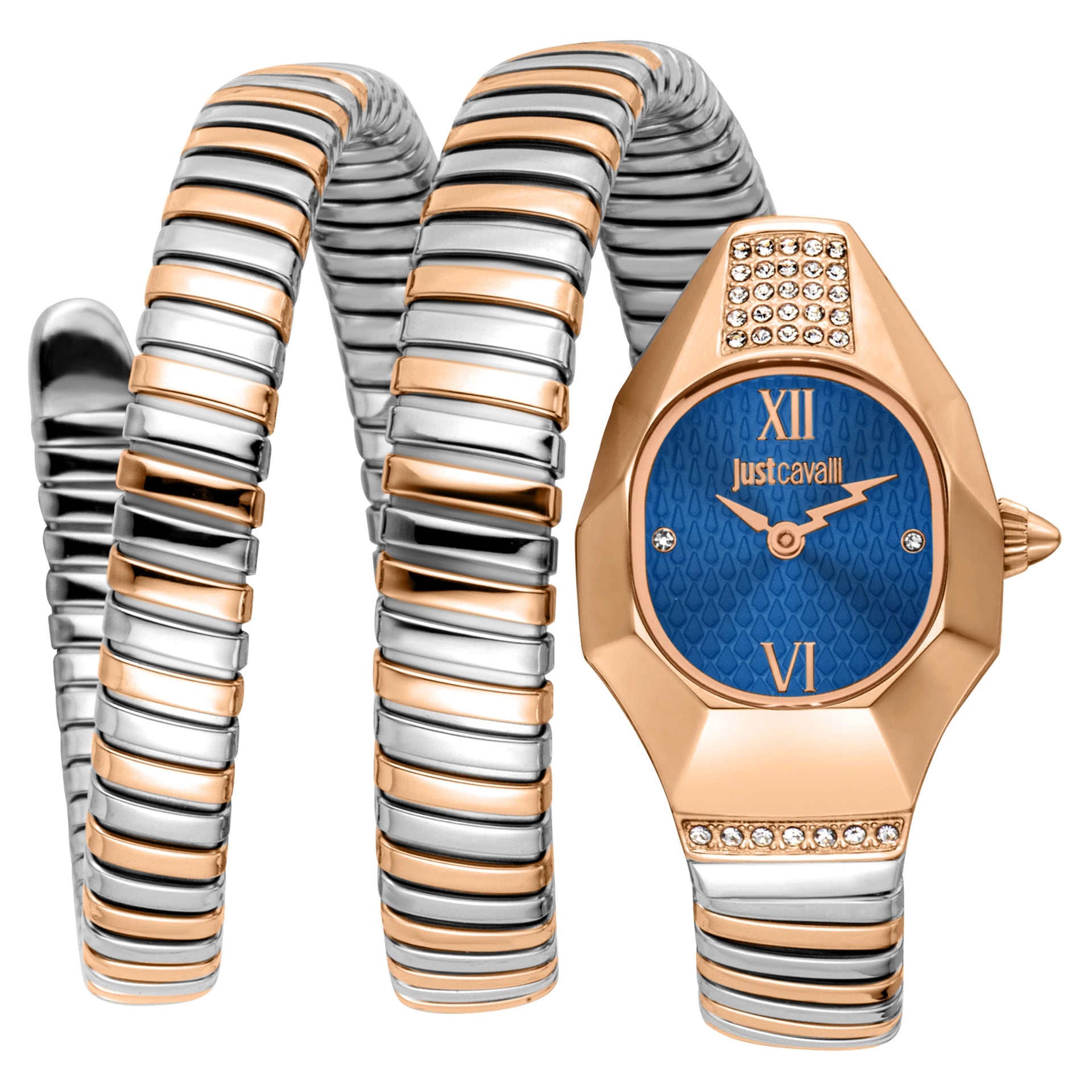 Just Cavalli Signature Snake Lunara Silver Rose Gold Blue Watch