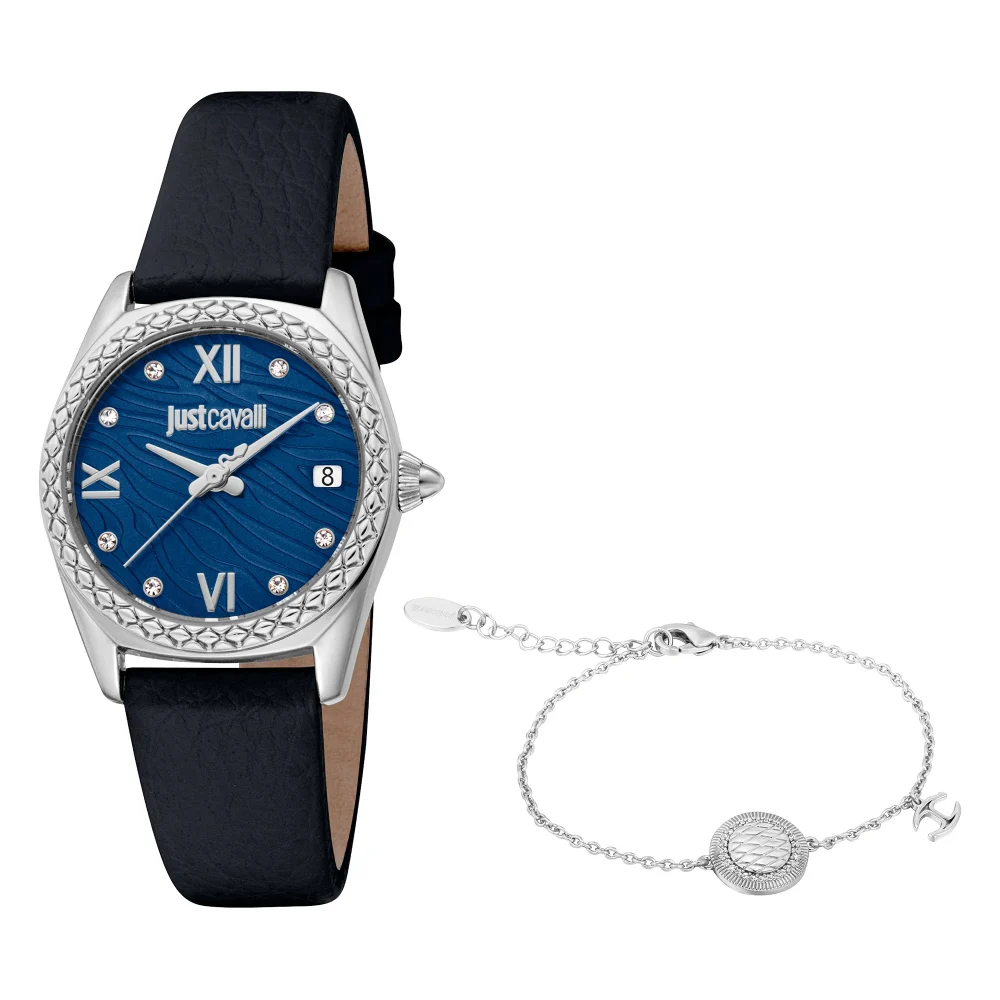 Just Cavalli SET Indomitable Animalier Leather Black Blue JC1L312L0015 watch
